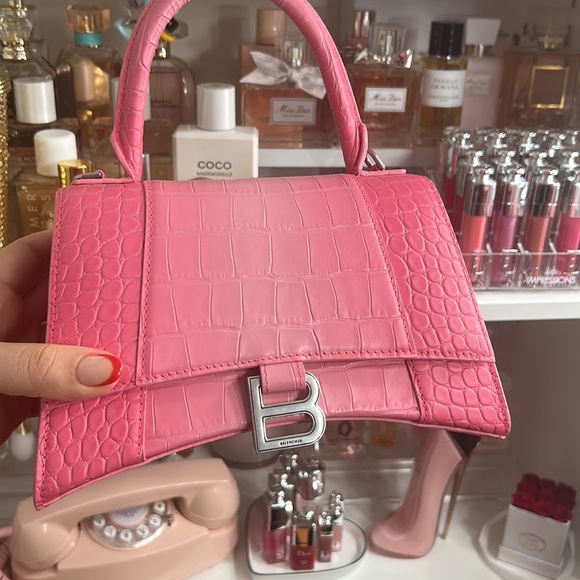 BALENCIAGA HOURGLASS CROCODILE EMBOSSED PINK HANDBAG - Picture 4 of 9